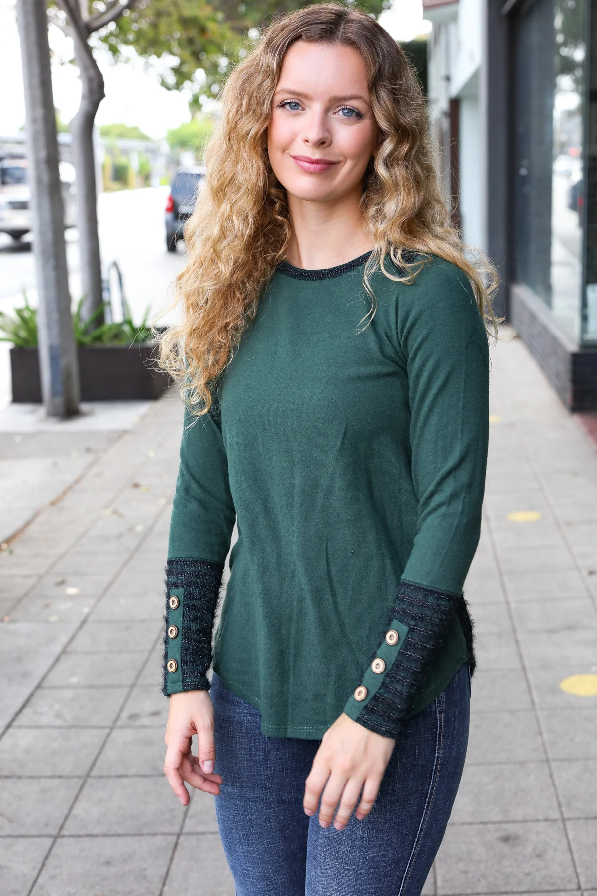 Green Stripe Back Button Sleeve Top - Image 7