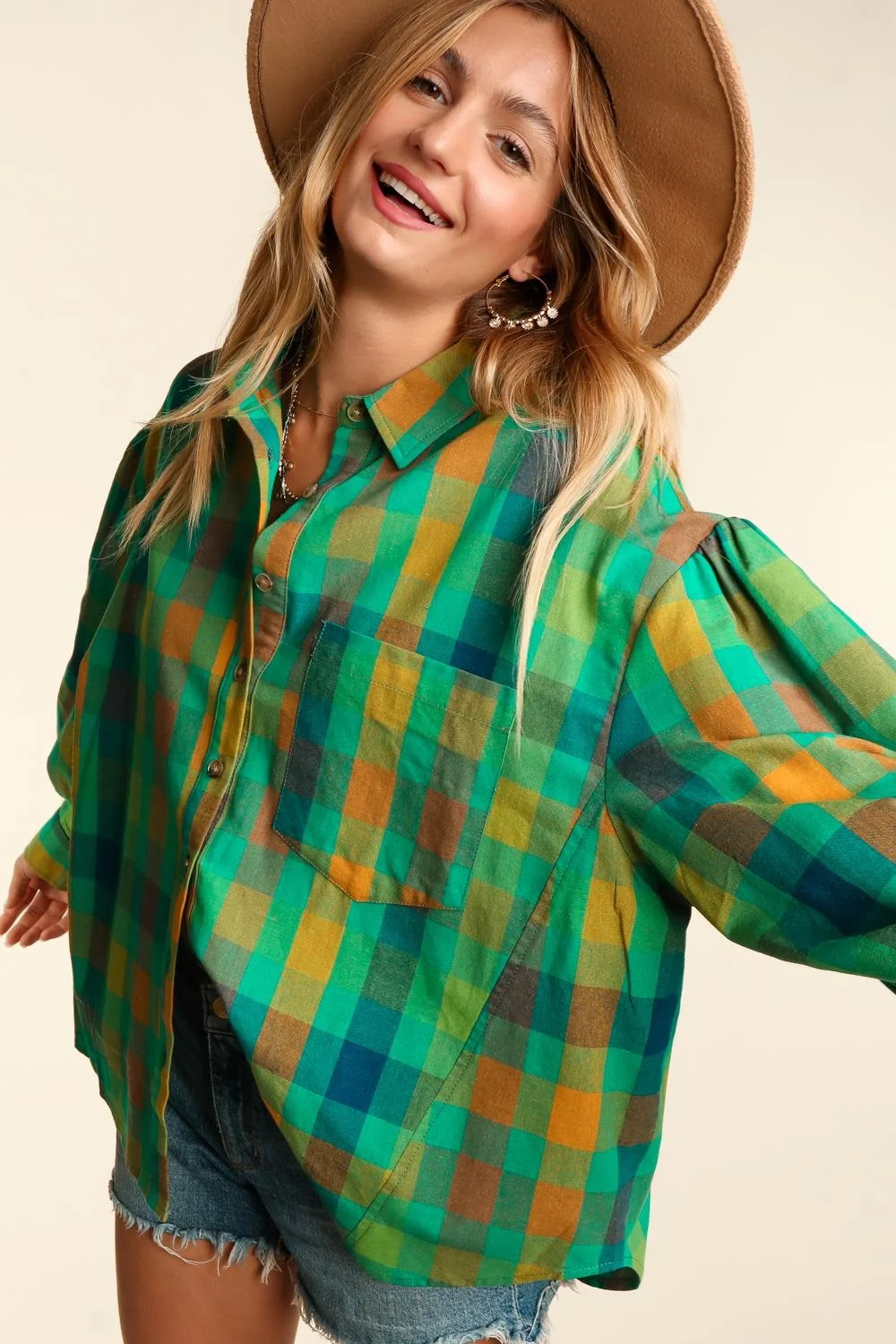 Green Woven Washed Plaid Oversized Top With Pockets - Image 3