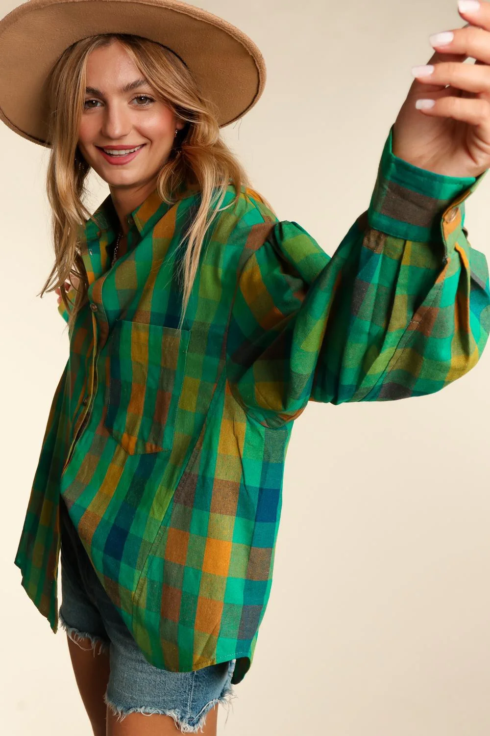 Green Woven Washed Plaid Oversized Top With Pockets - Image 4