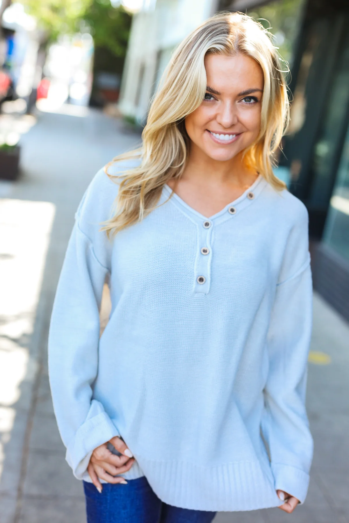 Grey Knit Button Henley Sweater - Image 6