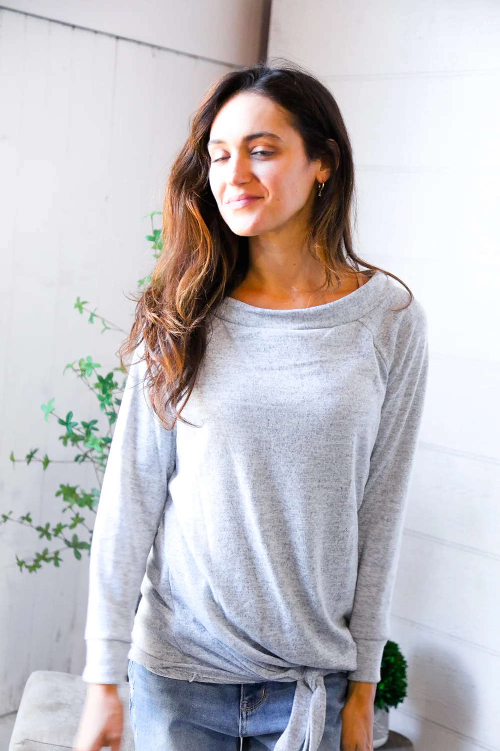 Grey Marled Tie Hem Top - Image 2