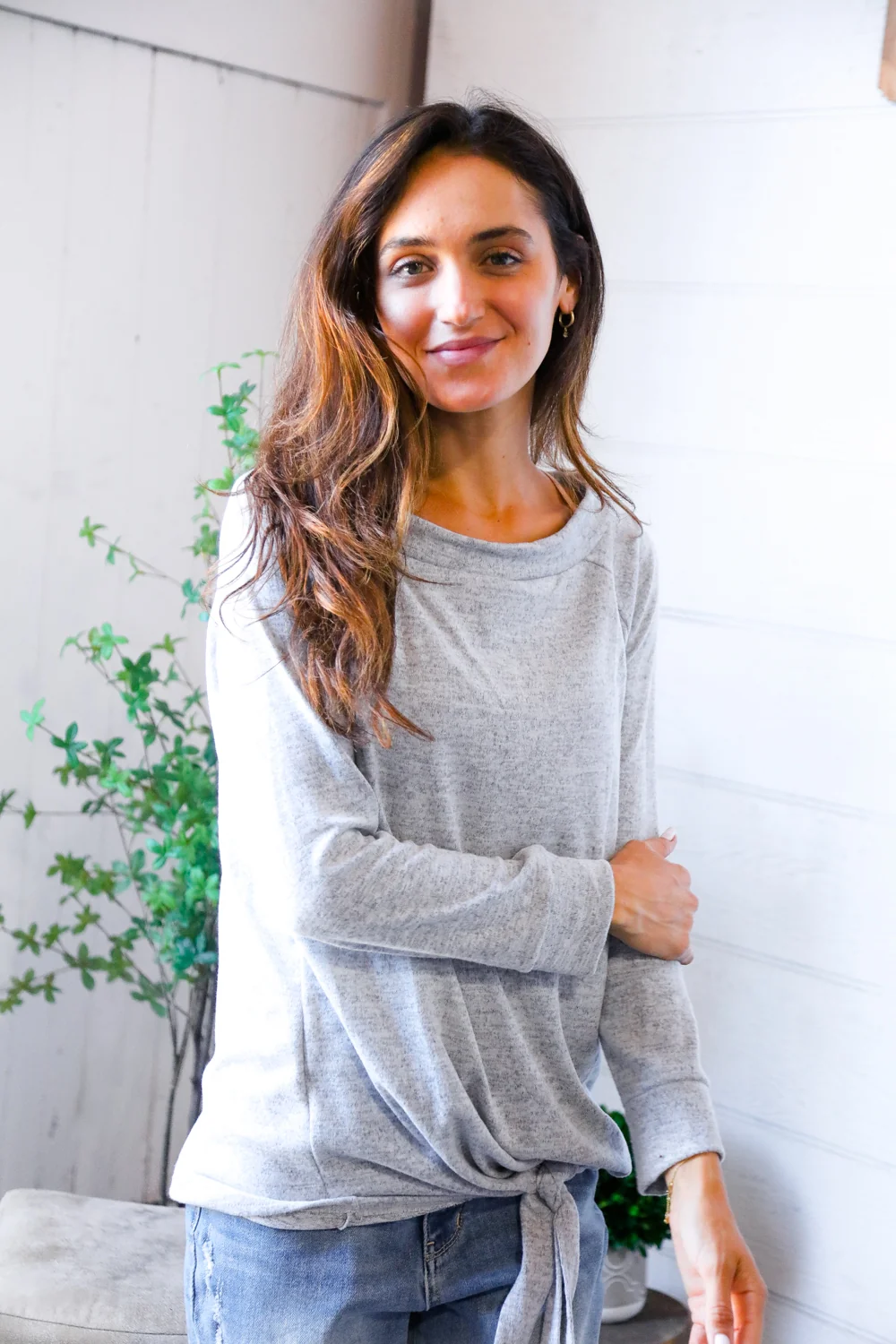 Grey Marled Tie Hem Top - Image 5