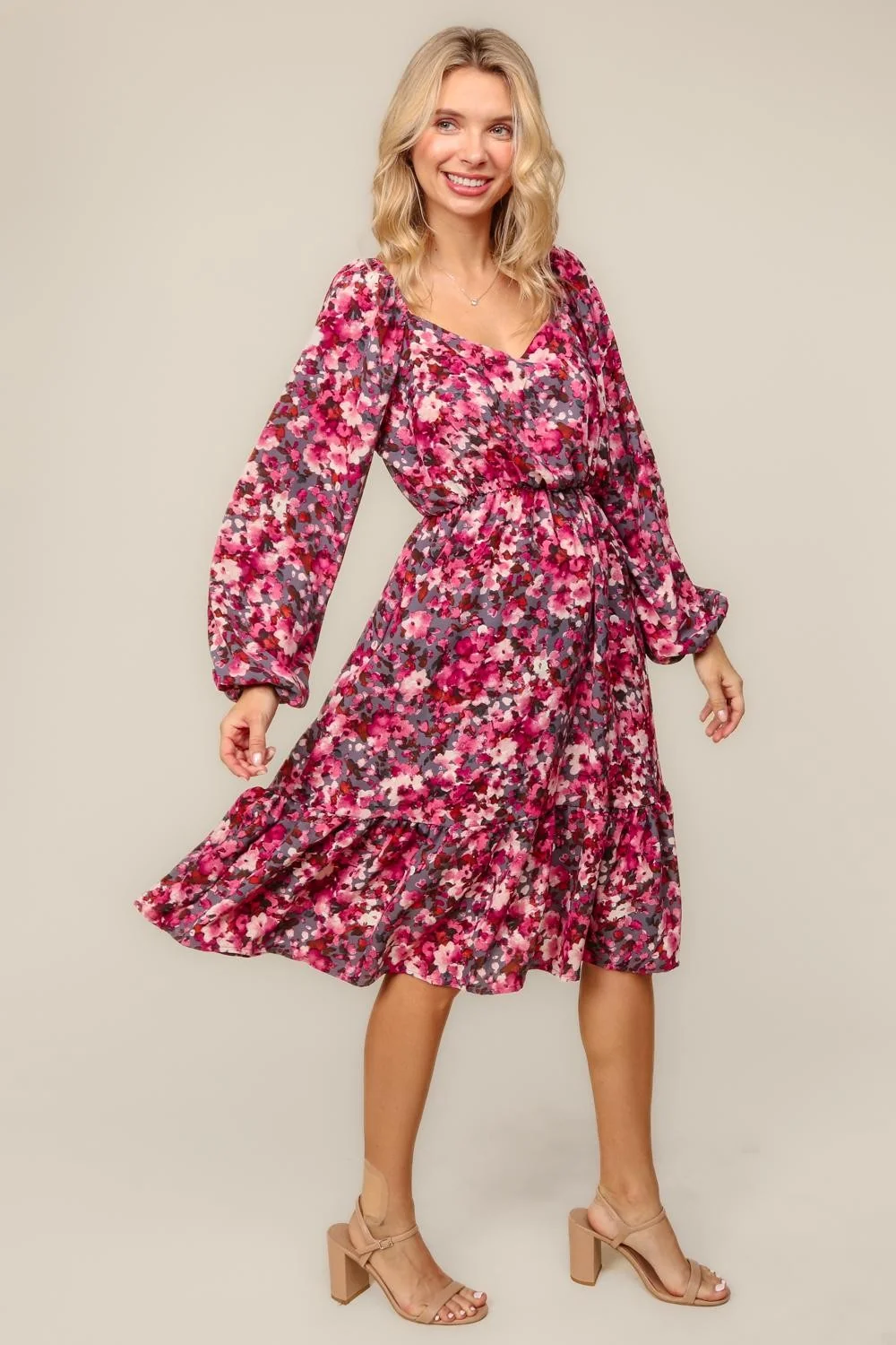 GREY/MAUVE MIDI DRESS W/ SIDE POCKETS AND ELASTIC WAIST - Image 6