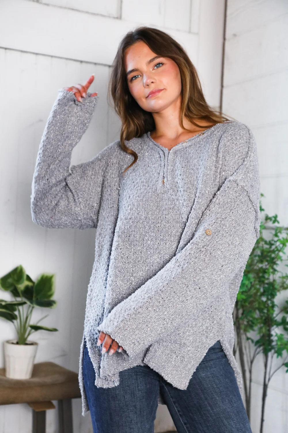 Button Cuff Sleeve Thick Sweater (2 Colors) - Image 2