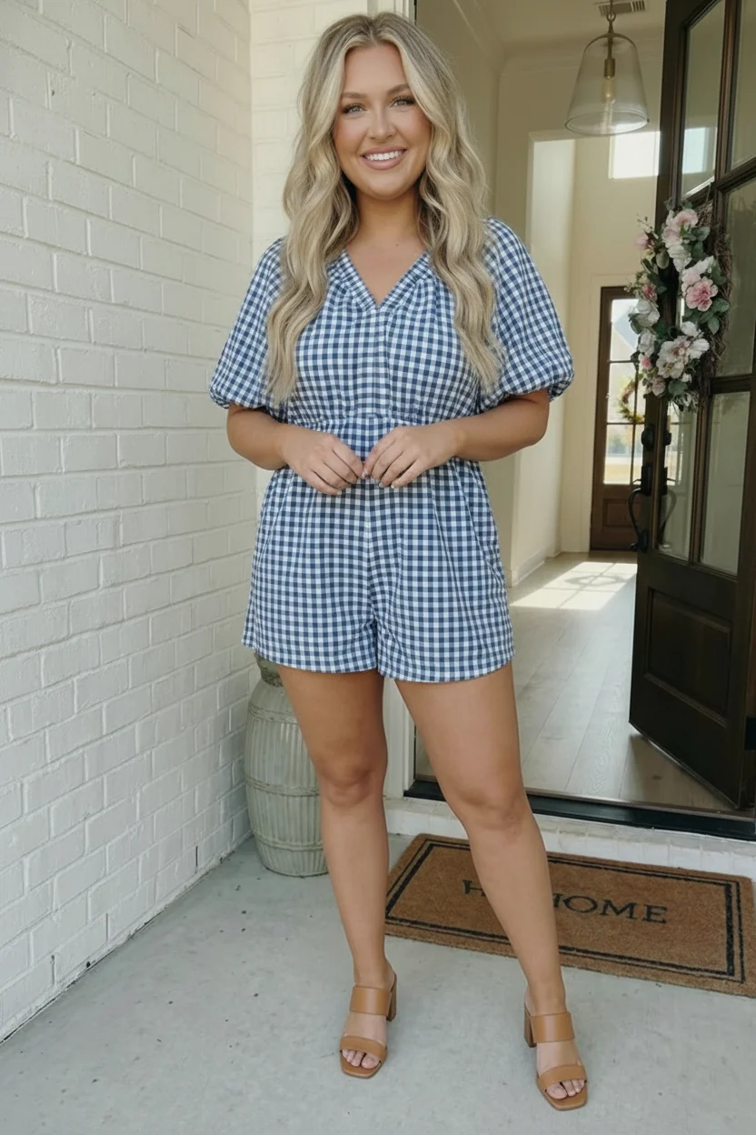 Plsu Haplics Blue Gingham Puff Sleeve Romper - Image 2
