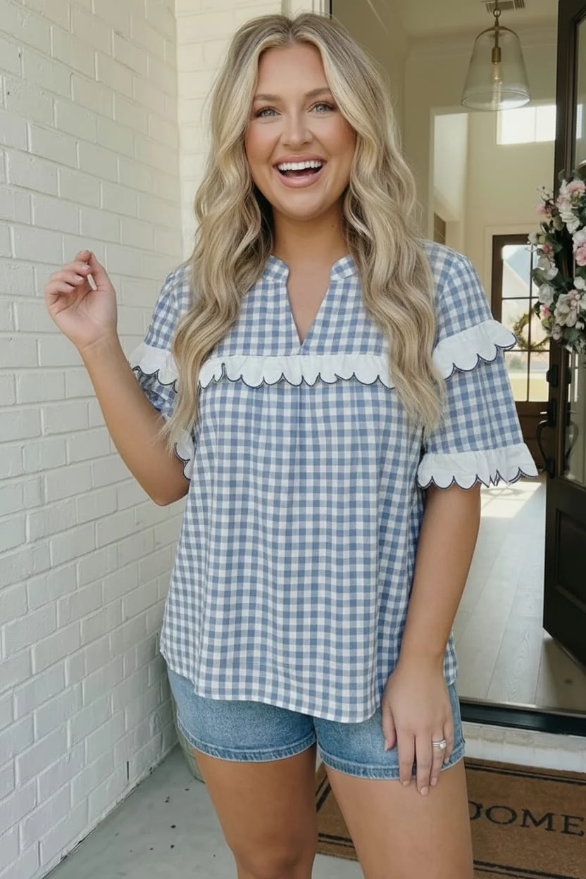Plus Haptics Blue Gingham Ruffle Sleeve Top
