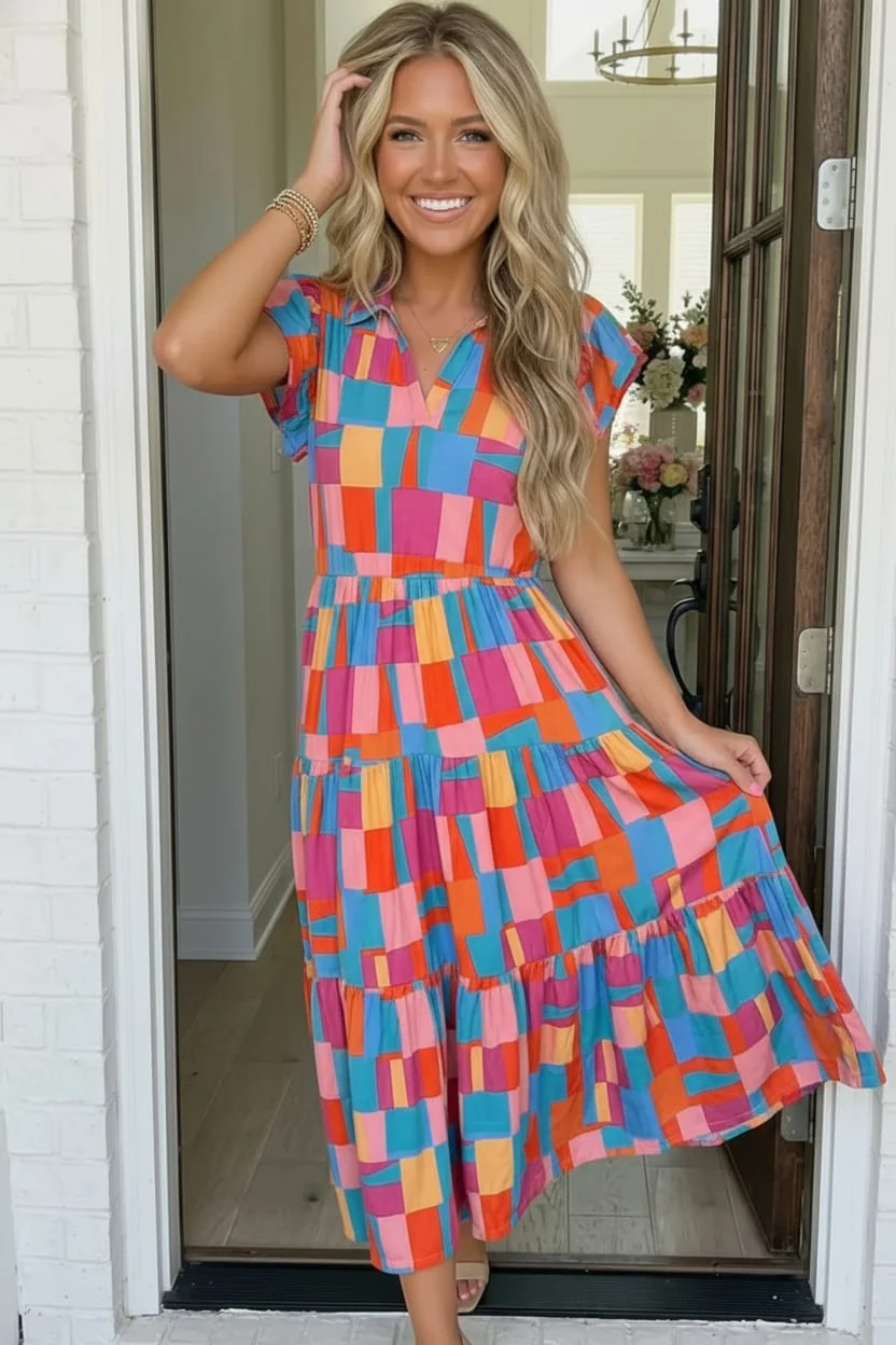 Haptics Colorblock Geometric Tiered Dress