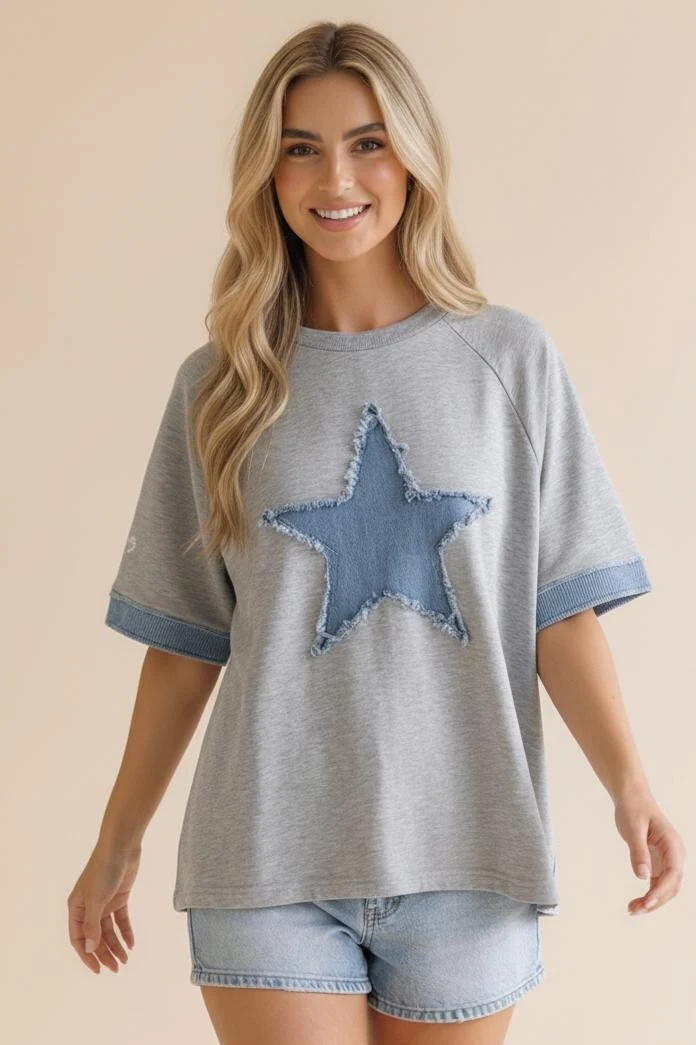 Heather Grey Denim Star Patch Raglan Top - Image 2