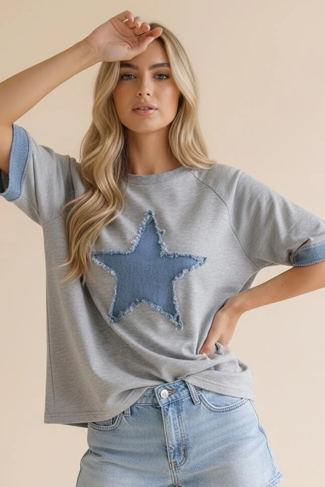 Heather Grey Denim Star Patch Raglan Top - Image 5