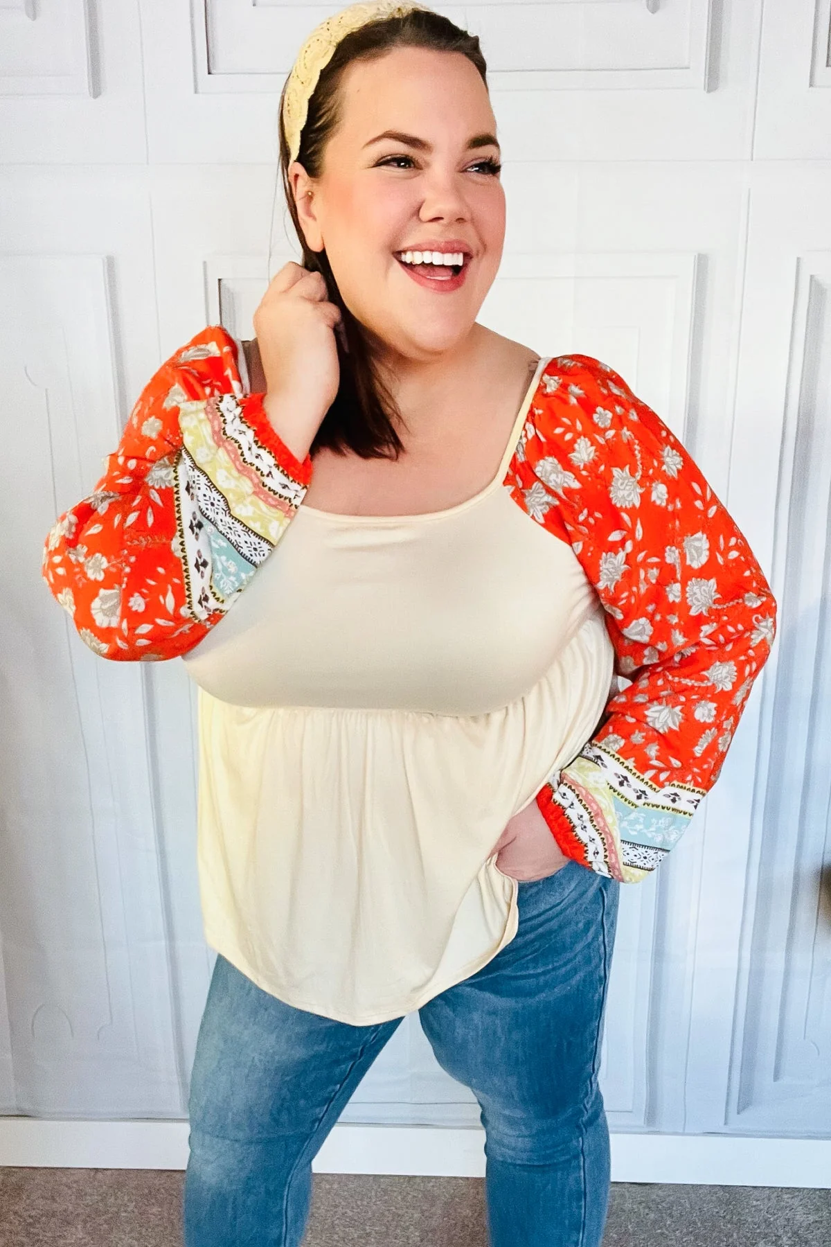 Hello Beautiful Oatmeal & Orange Square Neck Paisley Floral Blouse (Open Pack) - Image 2