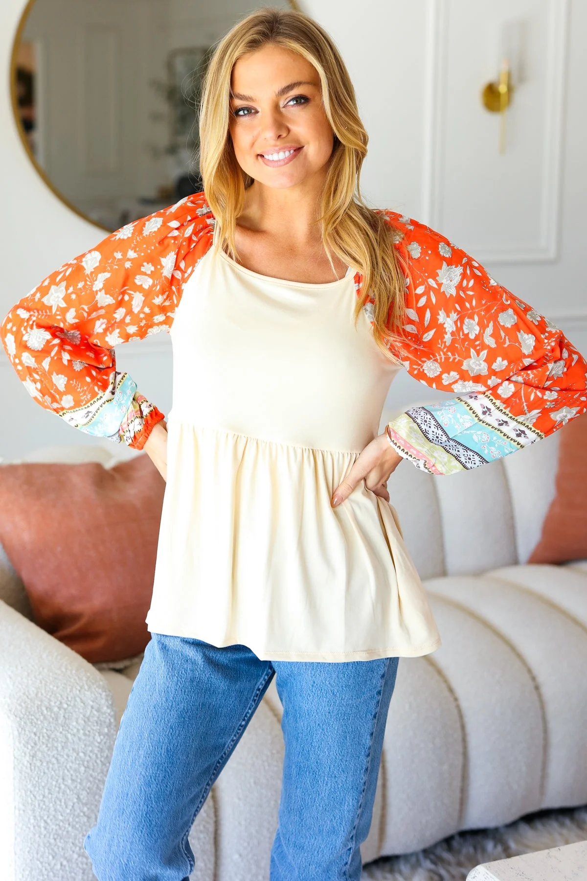Hello Beautiful Oatmeal & Orange Square Neck Paisley Floral Blouse (Open Pack) - Image 4