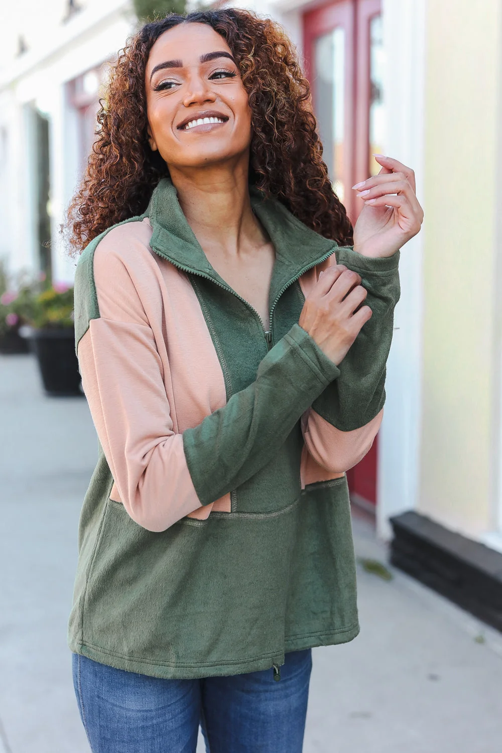 Holiday Vibes Taupe/Green Fleece Zip Up Cinched Hem Pullover (Open Pack) - Image 7