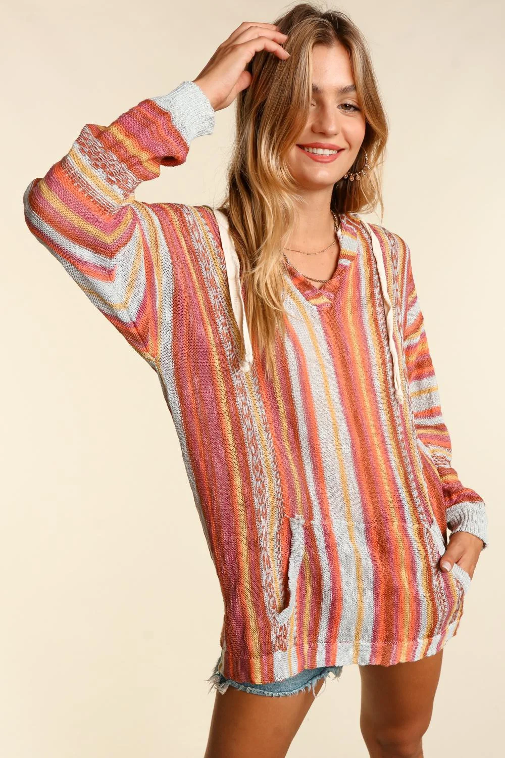 Coral Sienna Stripe Pullover With Hoodie & Twill Tape - Image 3