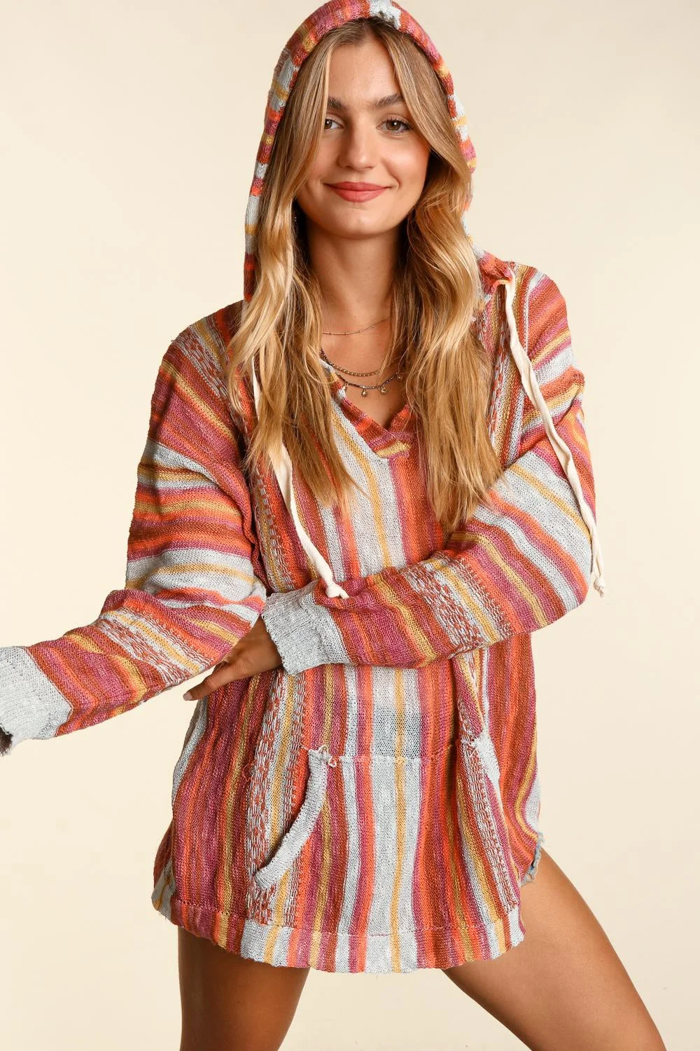 Coral Sienna Stripe Pullover With Hoodie & Twill Tape - Image 7