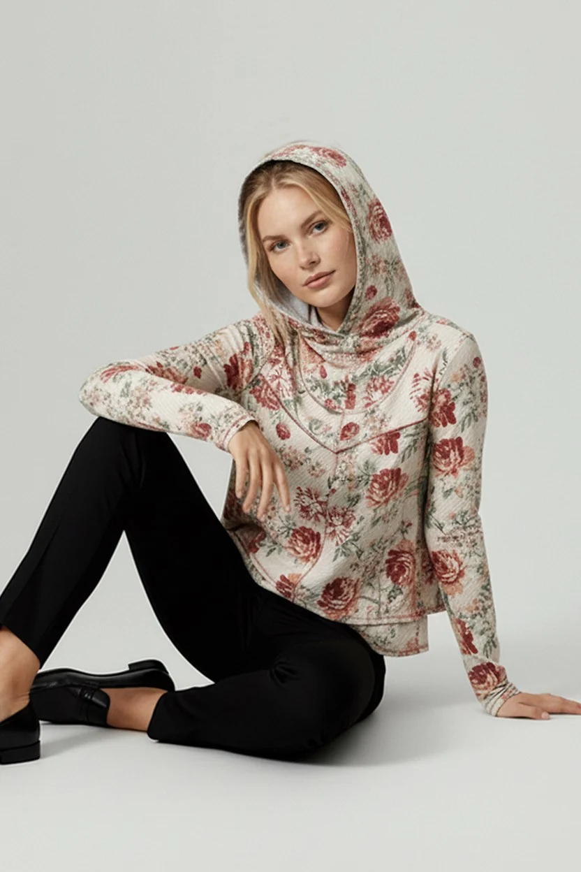 HOODIE FLORAL LONG SLEEVE THUMBHOLE TOP - Image 4