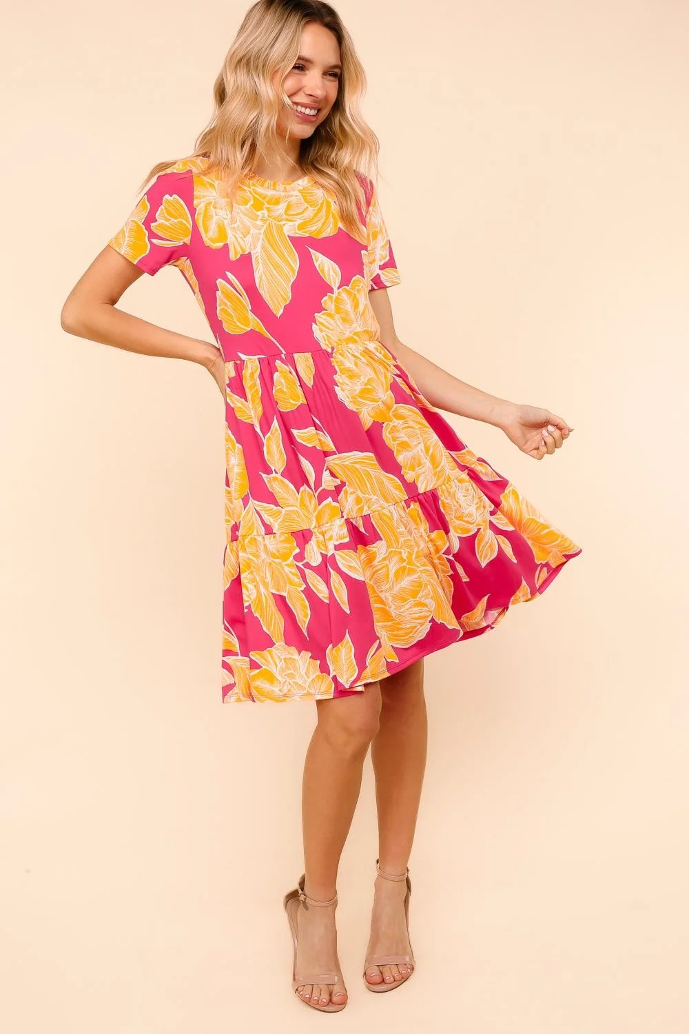 Hot Pink/Yellow Fit and Flare Floral Dress W/Side Pockets - Image 4