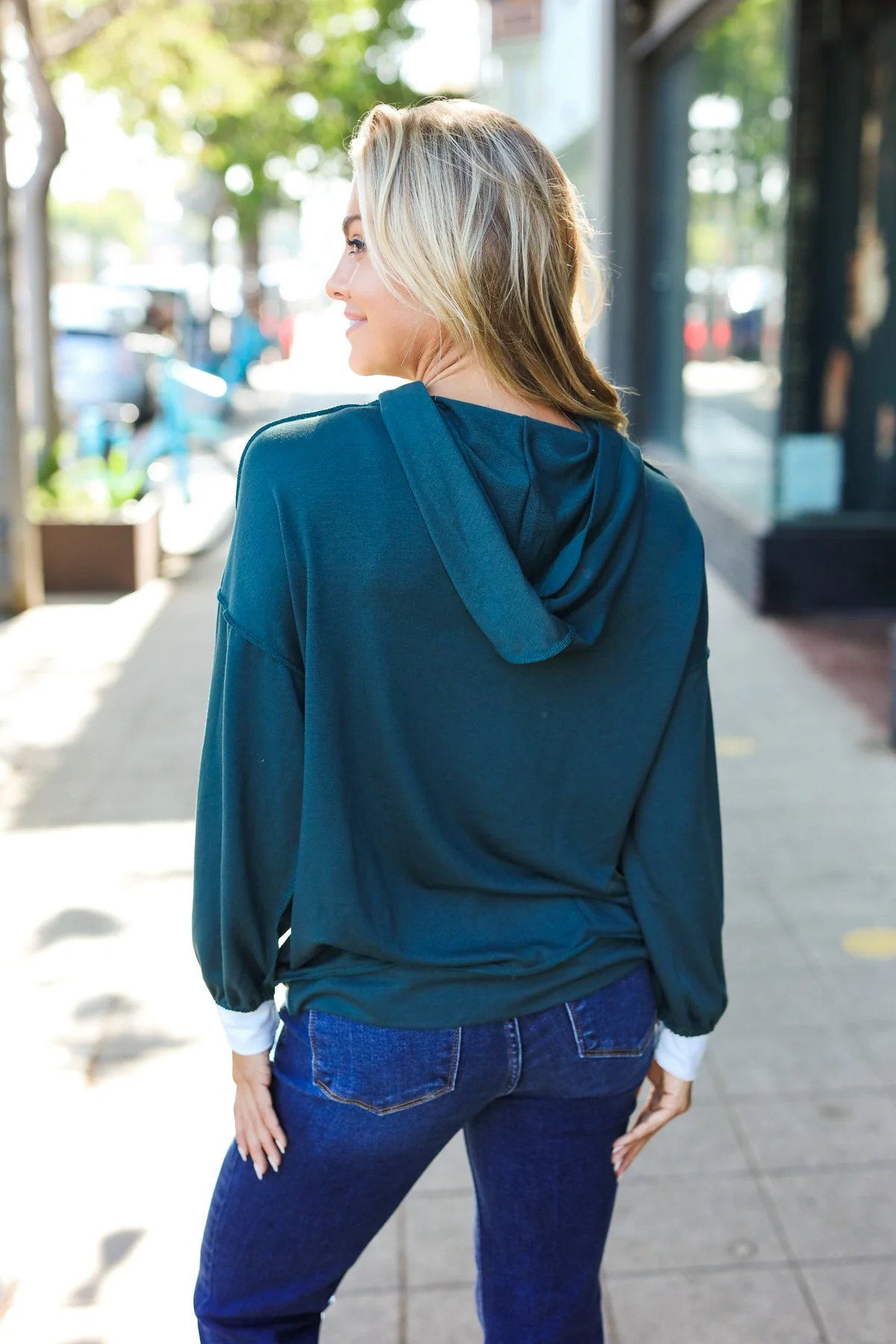 Adorable In Hunter Green Color Block Check Print Terry Hoodie (Open Pack) - Image 3