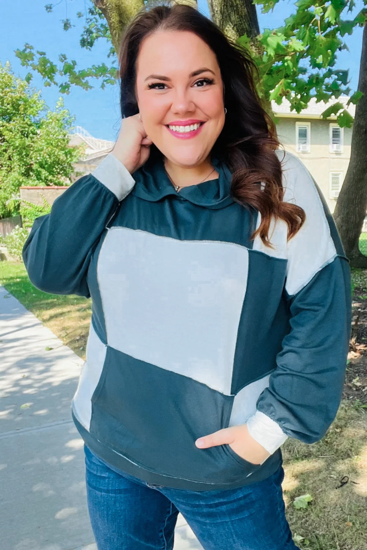 Adorable In Hunter Green Color Block Check Print Terry Hoodie (Open Pack) - Image 4