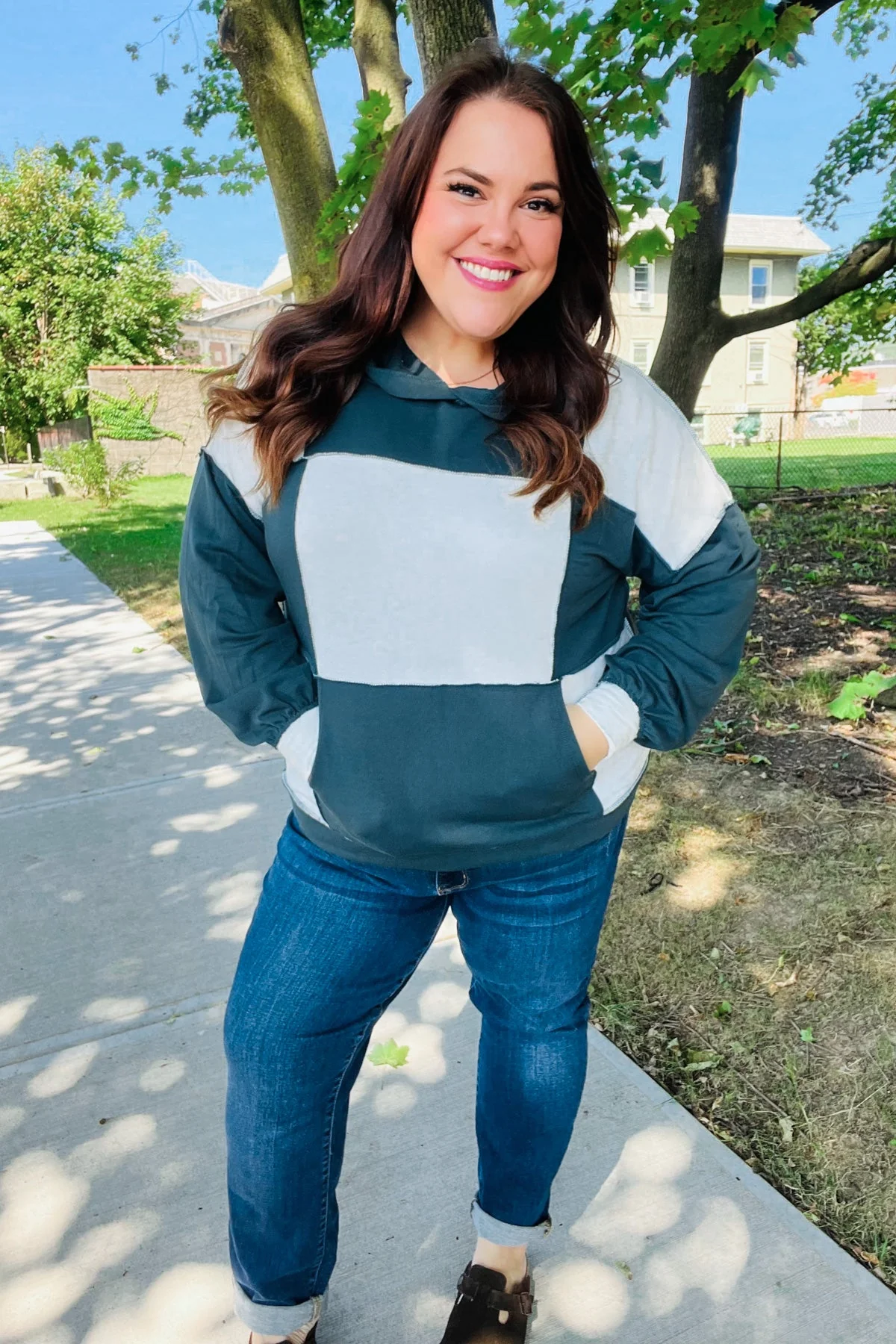 Adorable In Hunter Green Color Block Check Print Terry Hoodie (Open Pack) - Image 7