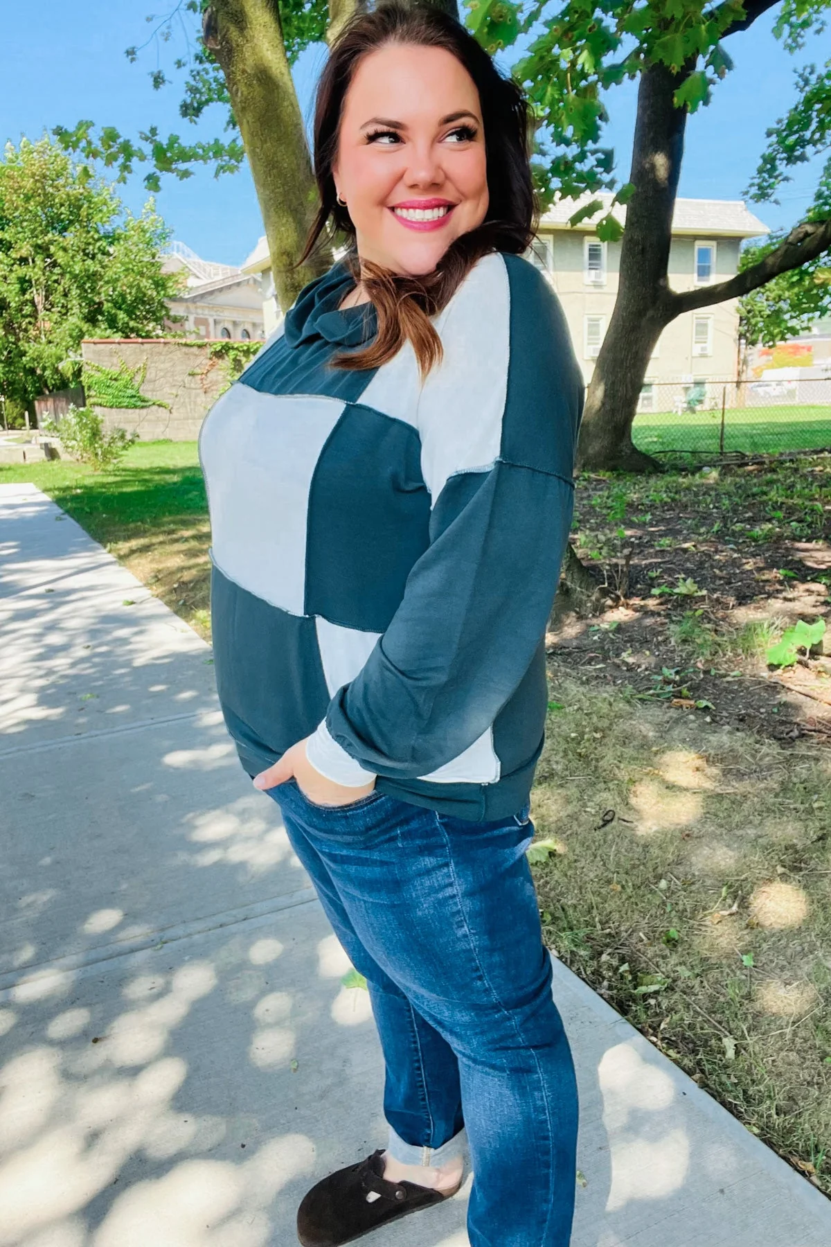 Adorable In Hunter Green Color Block Check Print Terry Hoodie (Open Pack) - Image 9