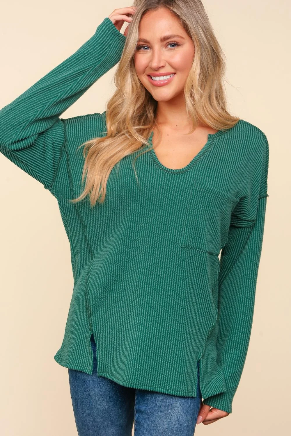 Hunter Green Mineral Washed Rib Top with Slits and Pockets - Image 5