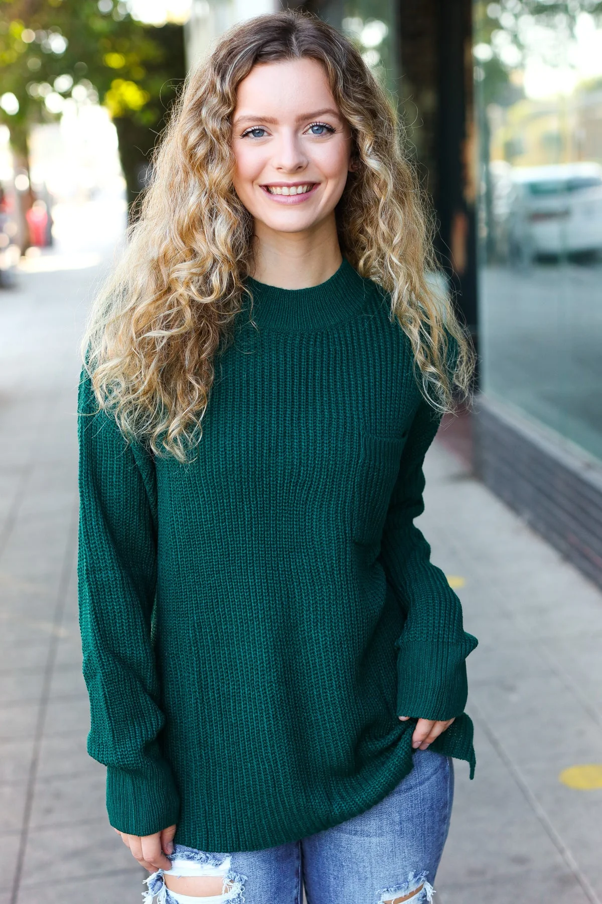 Classy Chic Hunter Green Mock Neck Chest Pocket Knit Sweater (Open Pack) - Image 2