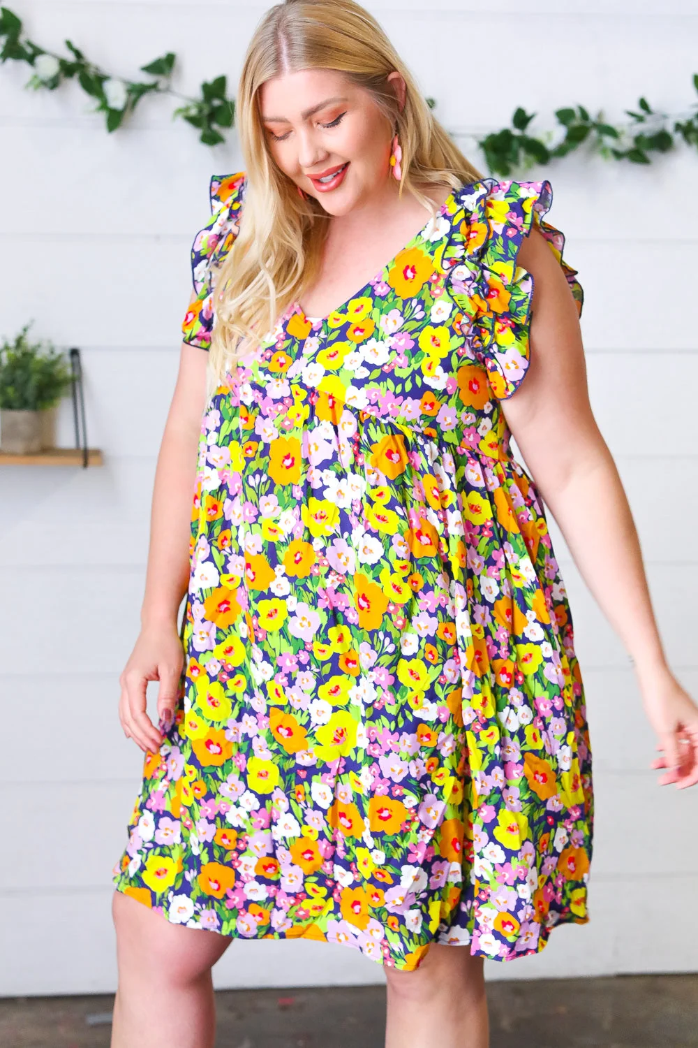 Indigo & Lemon Floral Babydoll Ruffle Dress (Open Pack) - Image 16
