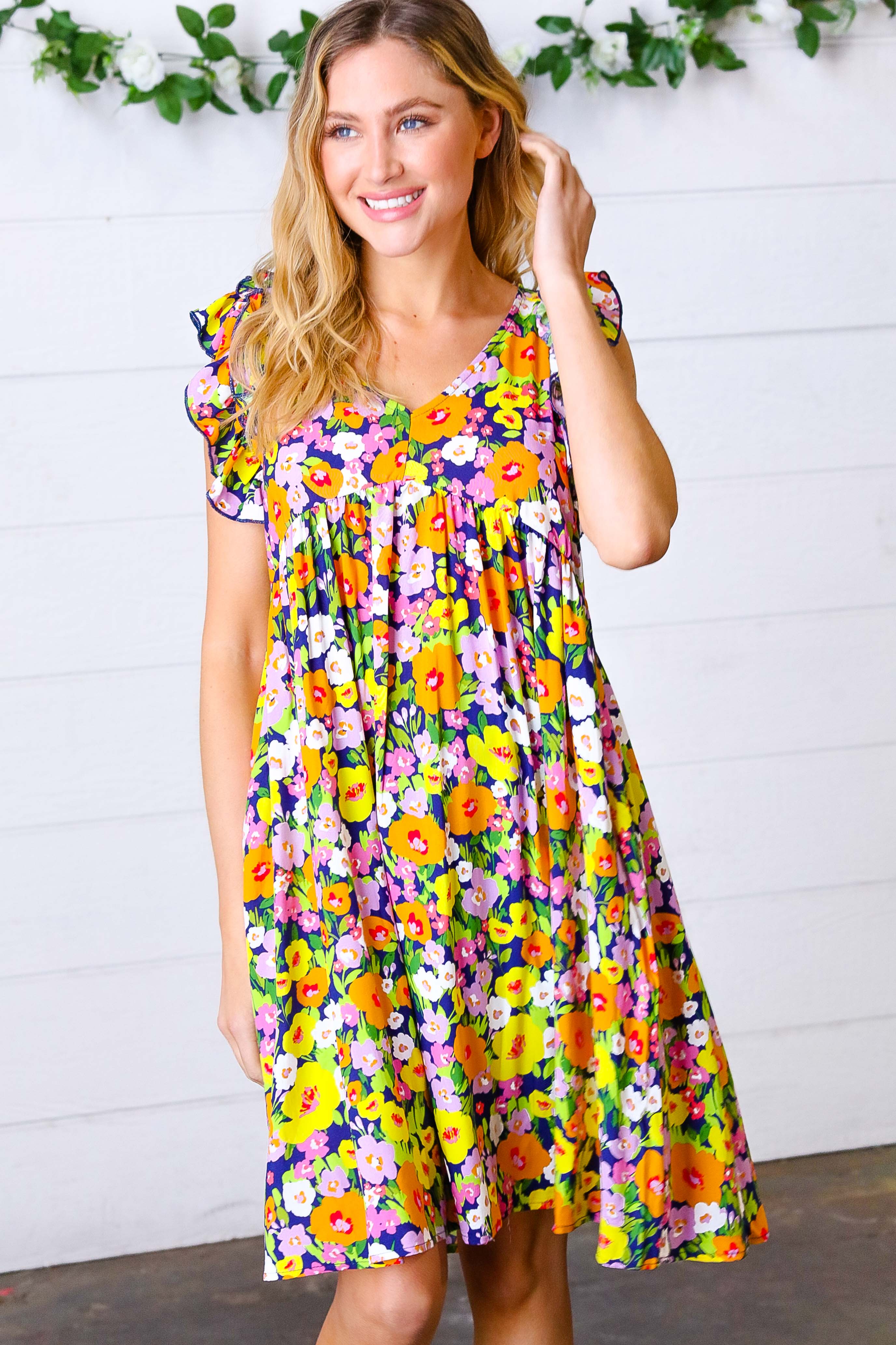 Indigo & Lemon Floral Babydoll Ruffle Dress (Open Pack) - Image 21