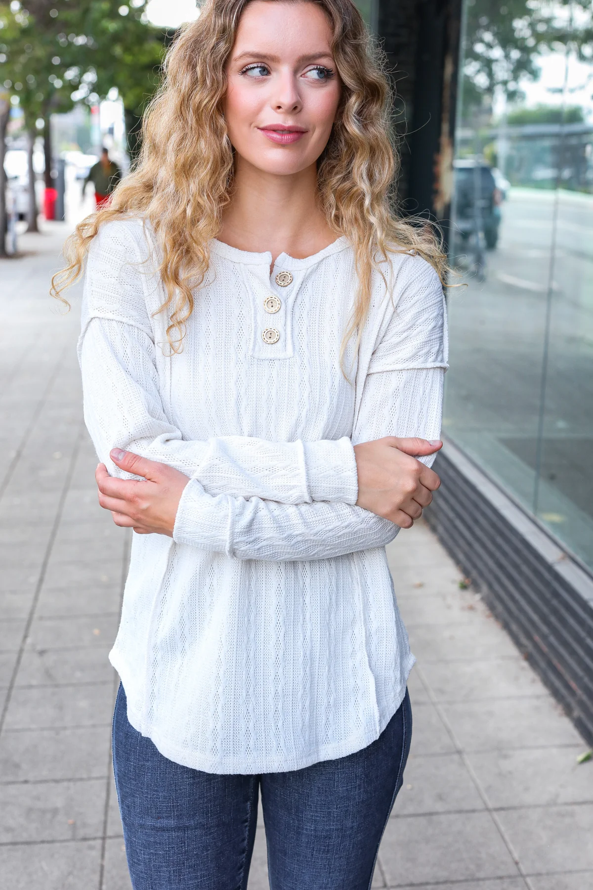 Ivory Button Henley Textured Top - Image 5