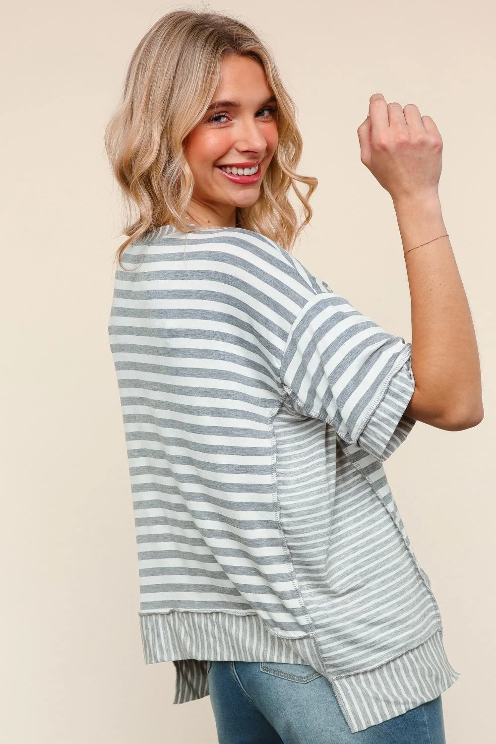 Ivory/Heather Grey Oversized Knit Top with Outseam Overlock - Image 4
