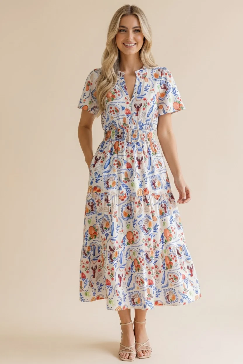 Ivory Italian Seaside Print Smocked Waist Midi Dress - Image 4