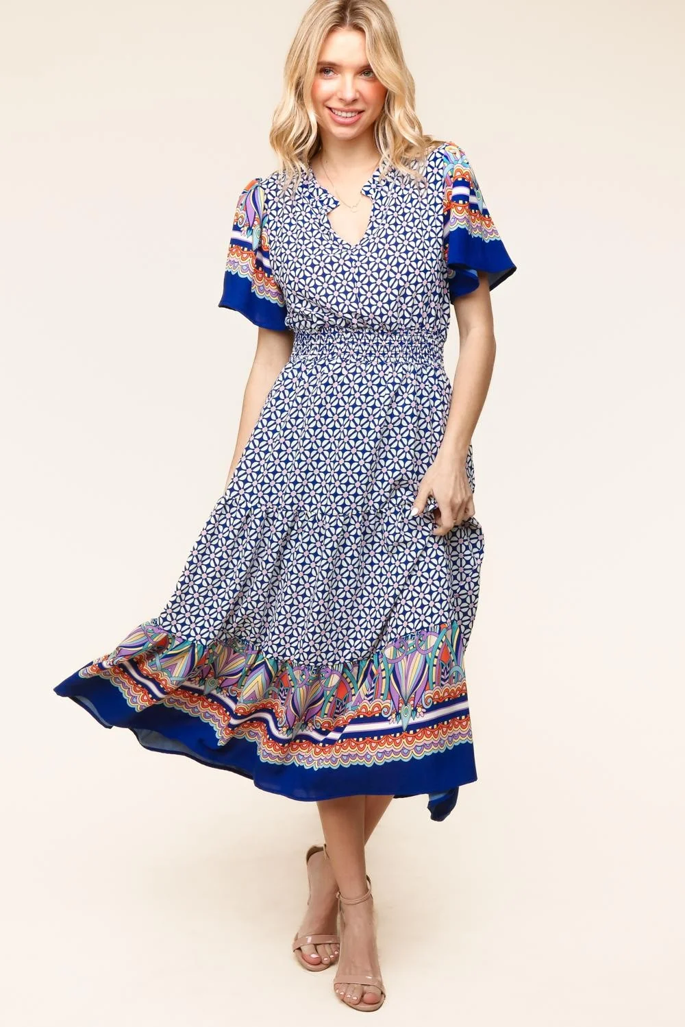 Plus Ivory/Navy Fit and Flare Smocked Waist Maxi Tiered Dress - Image 4