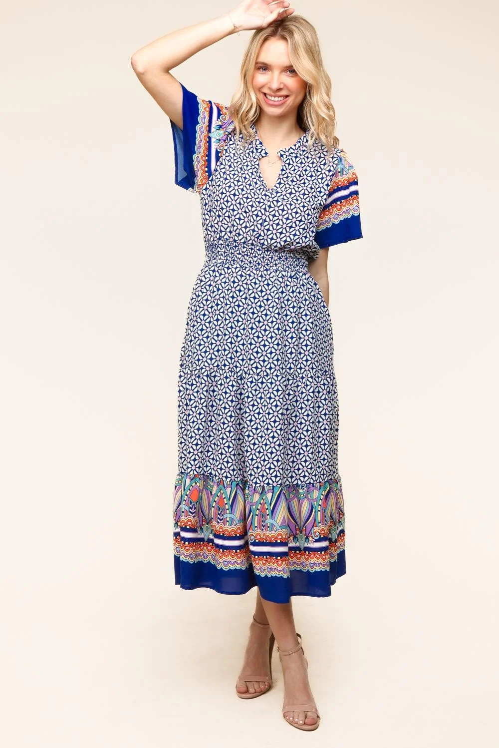 Plus Ivory/Navy Fit and Flare Smocked Waist Maxi Tiered Dress - Image 5