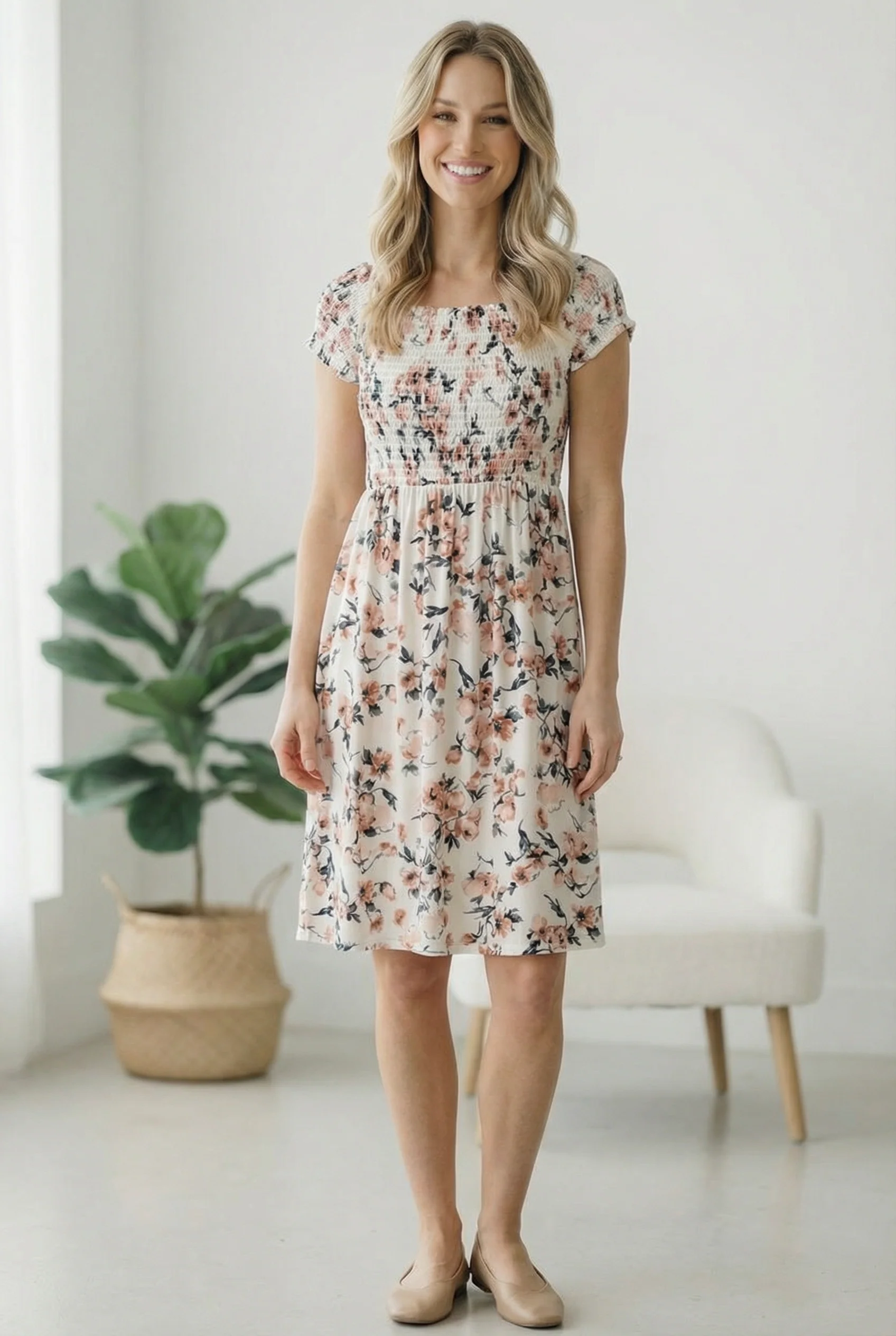 Ivory Smocked Panel Floral Dress - Image 2
