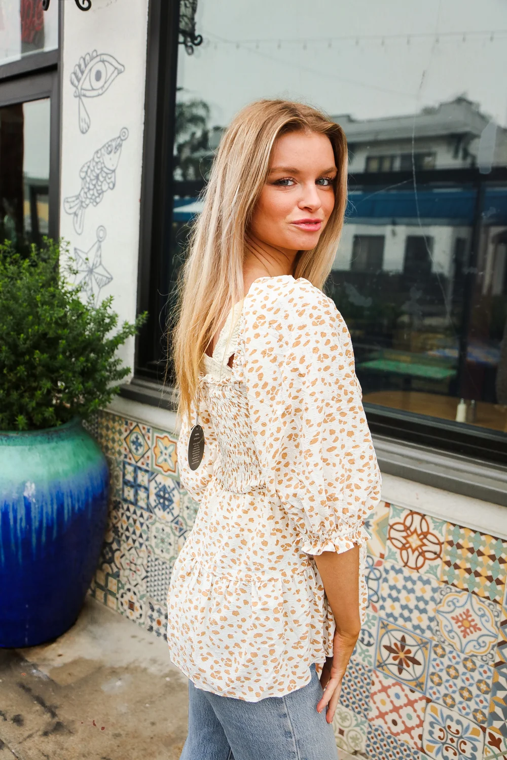Ivory &  Taupe Animal Smocked Top - Image 5