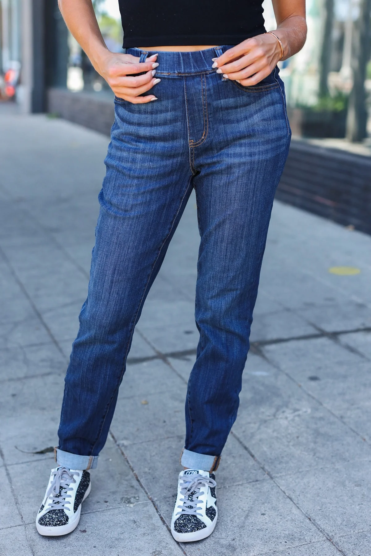 Judy Blue Dark Wash Pull On Cuffed Slim Fit Jeans (Open Pack) - Image 7