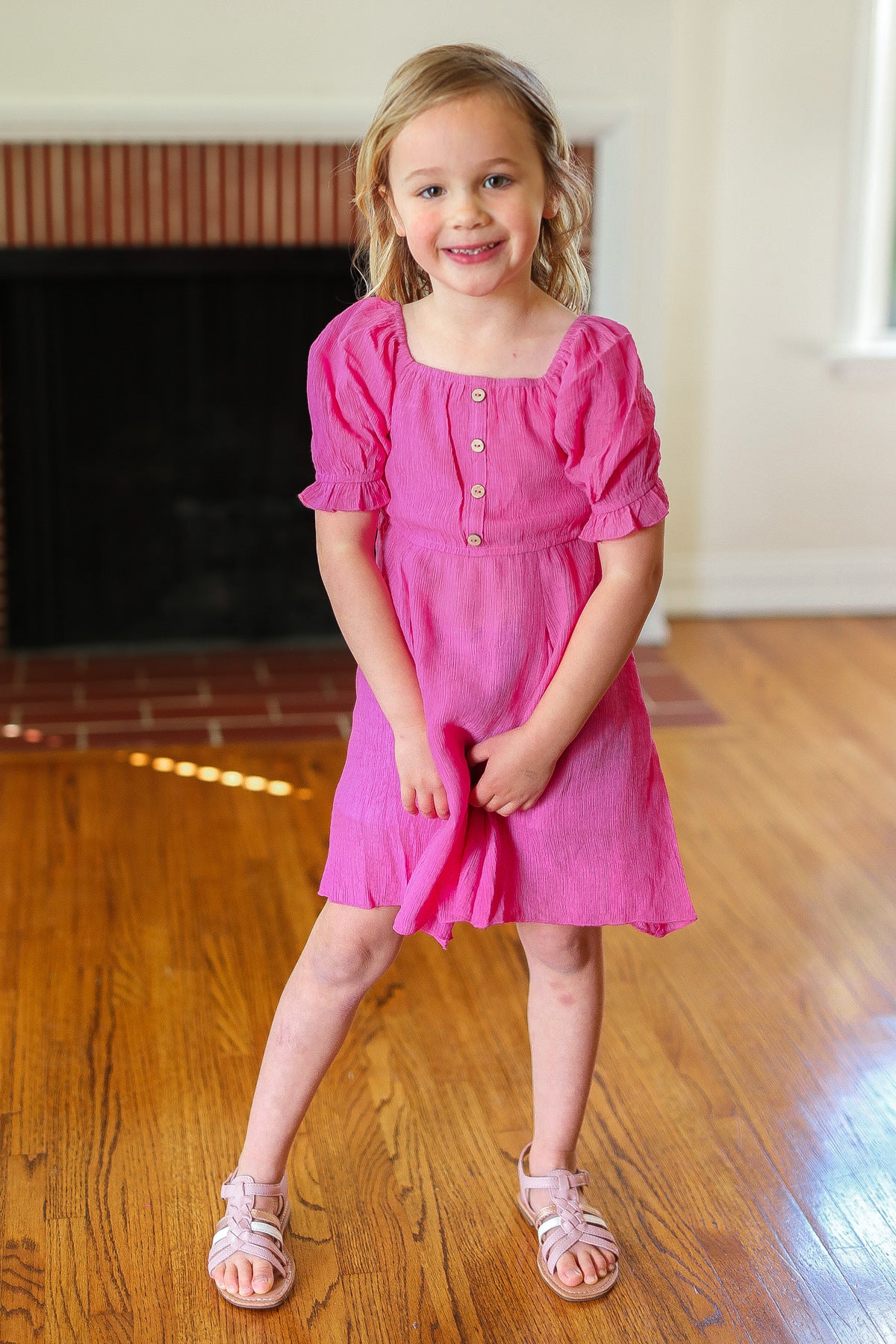 Kids Pink Button Front Ruche Back Dress - Image 6