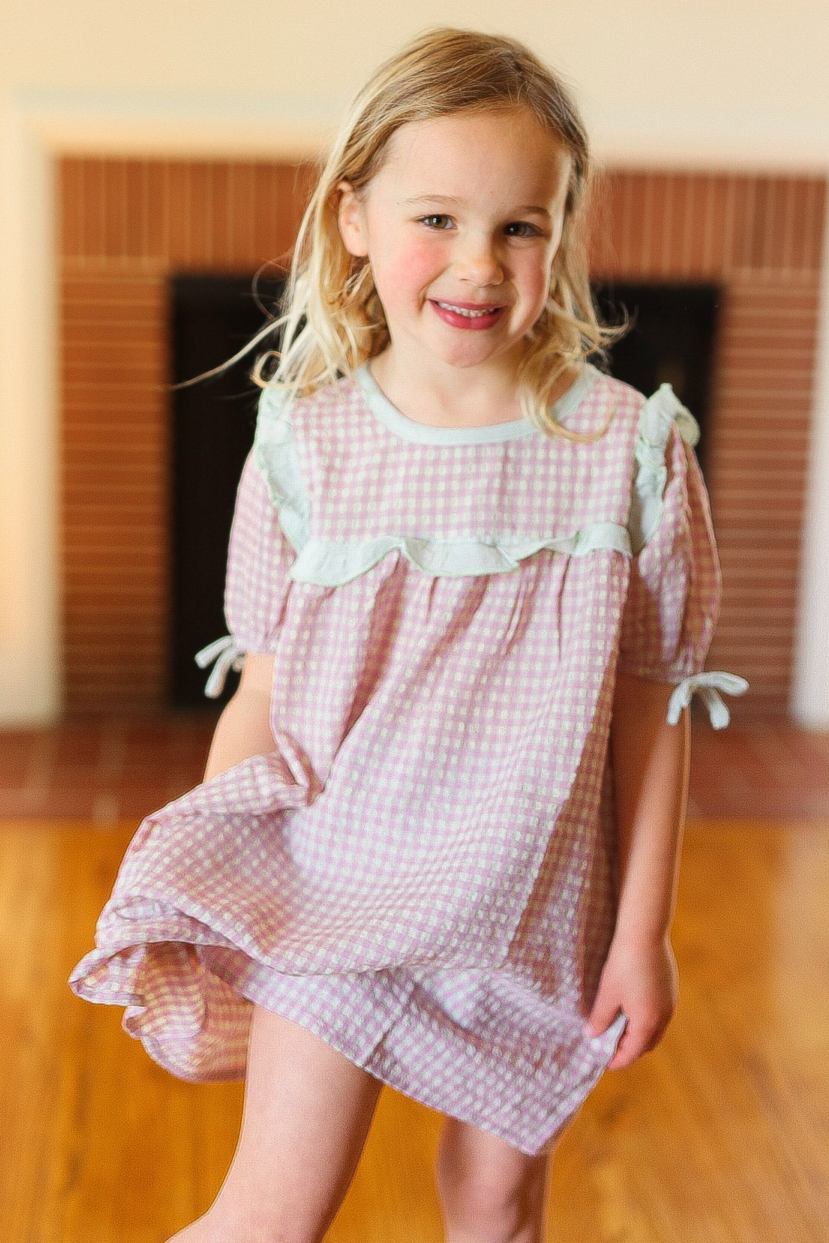Kids Purple Gingham Tie Sleeve Dress - Image 3