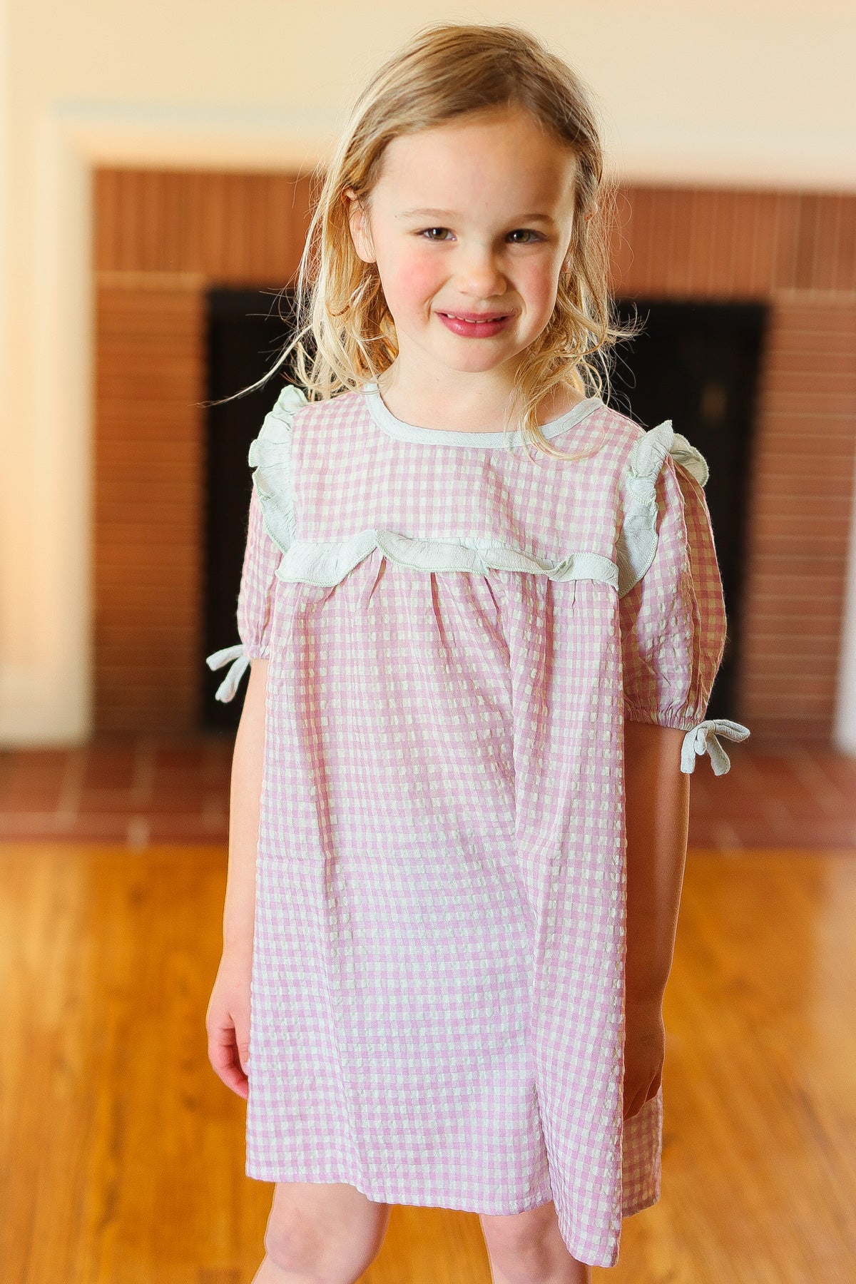 Kids Purple Gingham Tie Sleeve Dress - Image 4