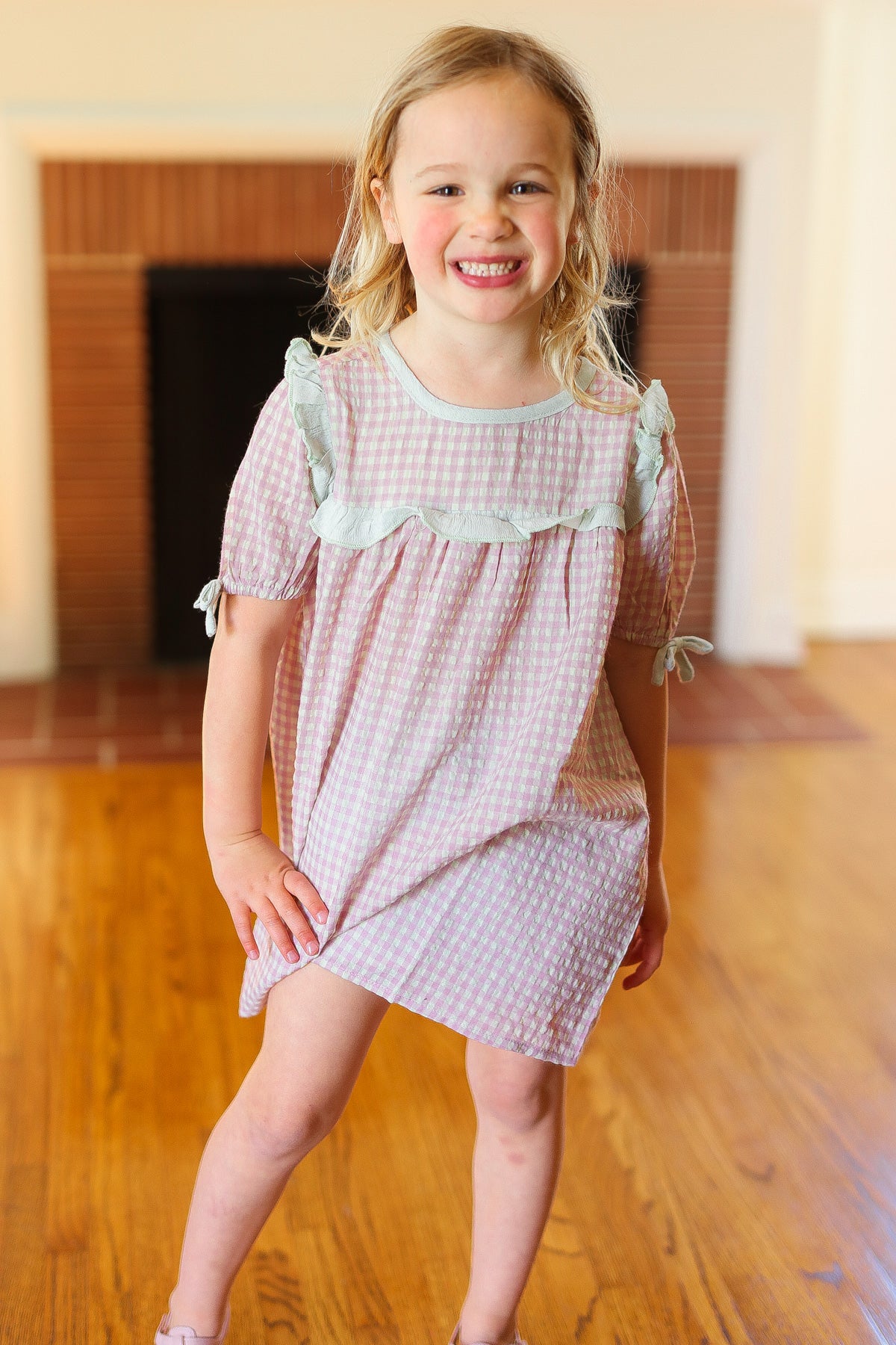 Kids Purple Gingham Tie Sleeve Dress - Image 5