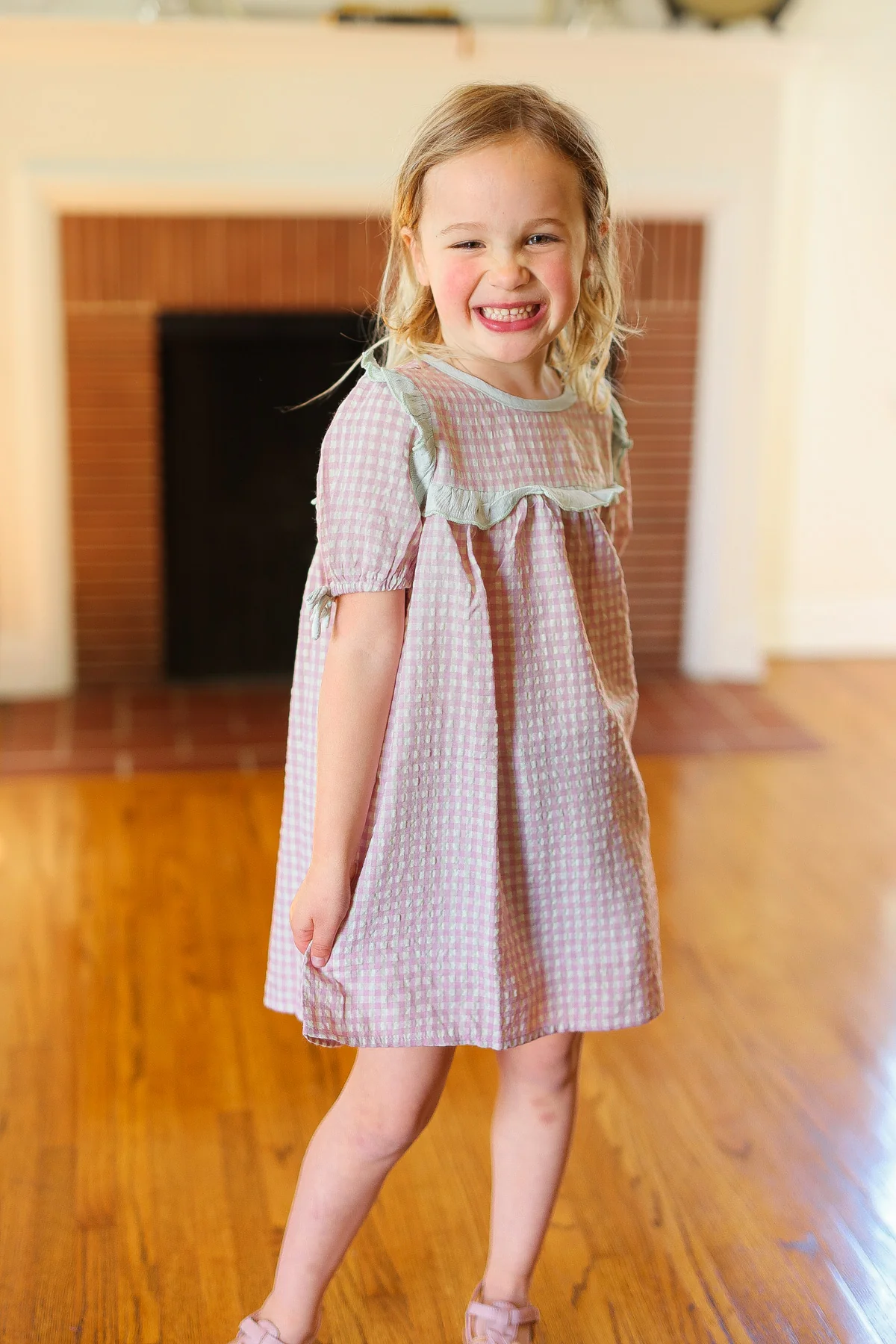 Kids Purple Gingham Tie Sleeve Dress - Image 6