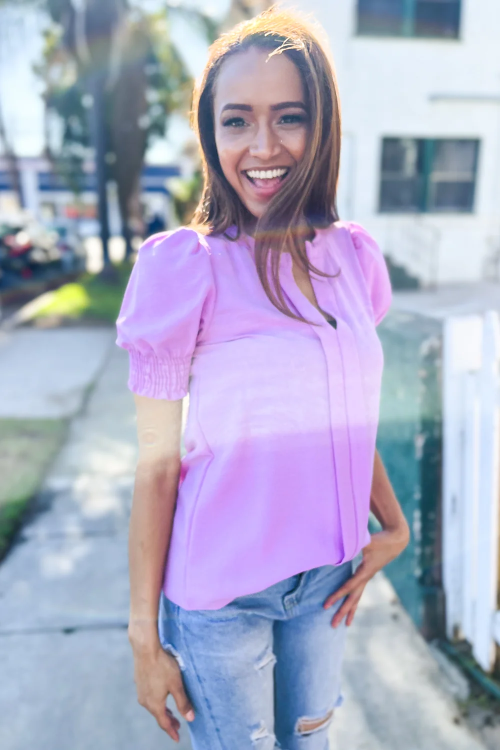 Lavender Crinkled Woven Synch Sleeve Top - Image 3