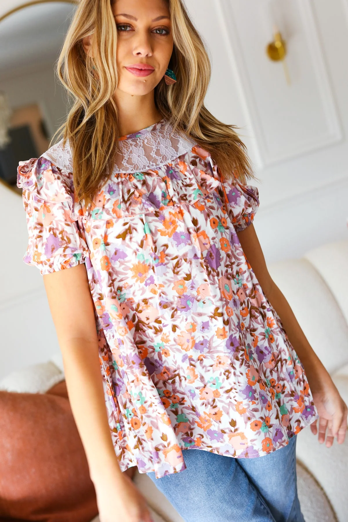 Lavender Watercolor Lace & Ruffle Woven Top (Open Pack) - Image 6