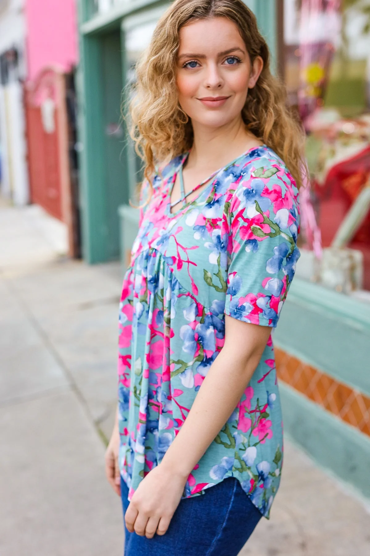 Sunny Days Light Teal Floral Criss Cross V Neck Babydoll Top (Open Pack) - Image 5