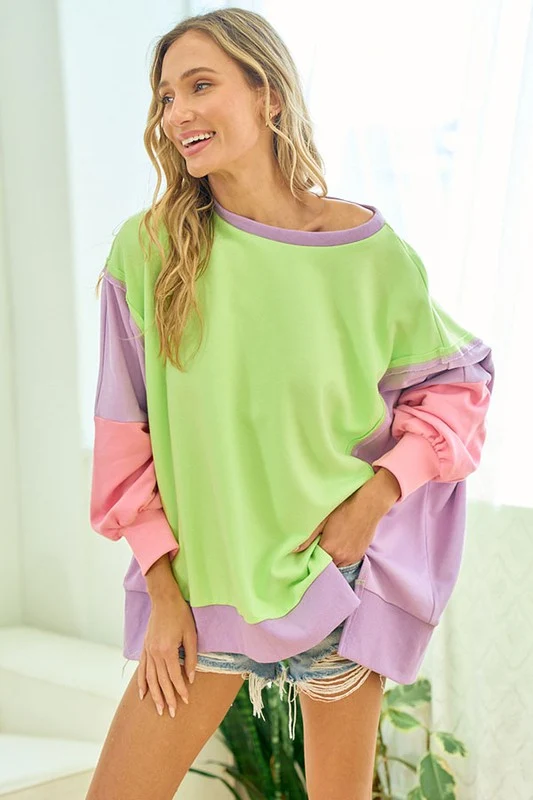 Lime Color Block French Terry Sweater - Image 4