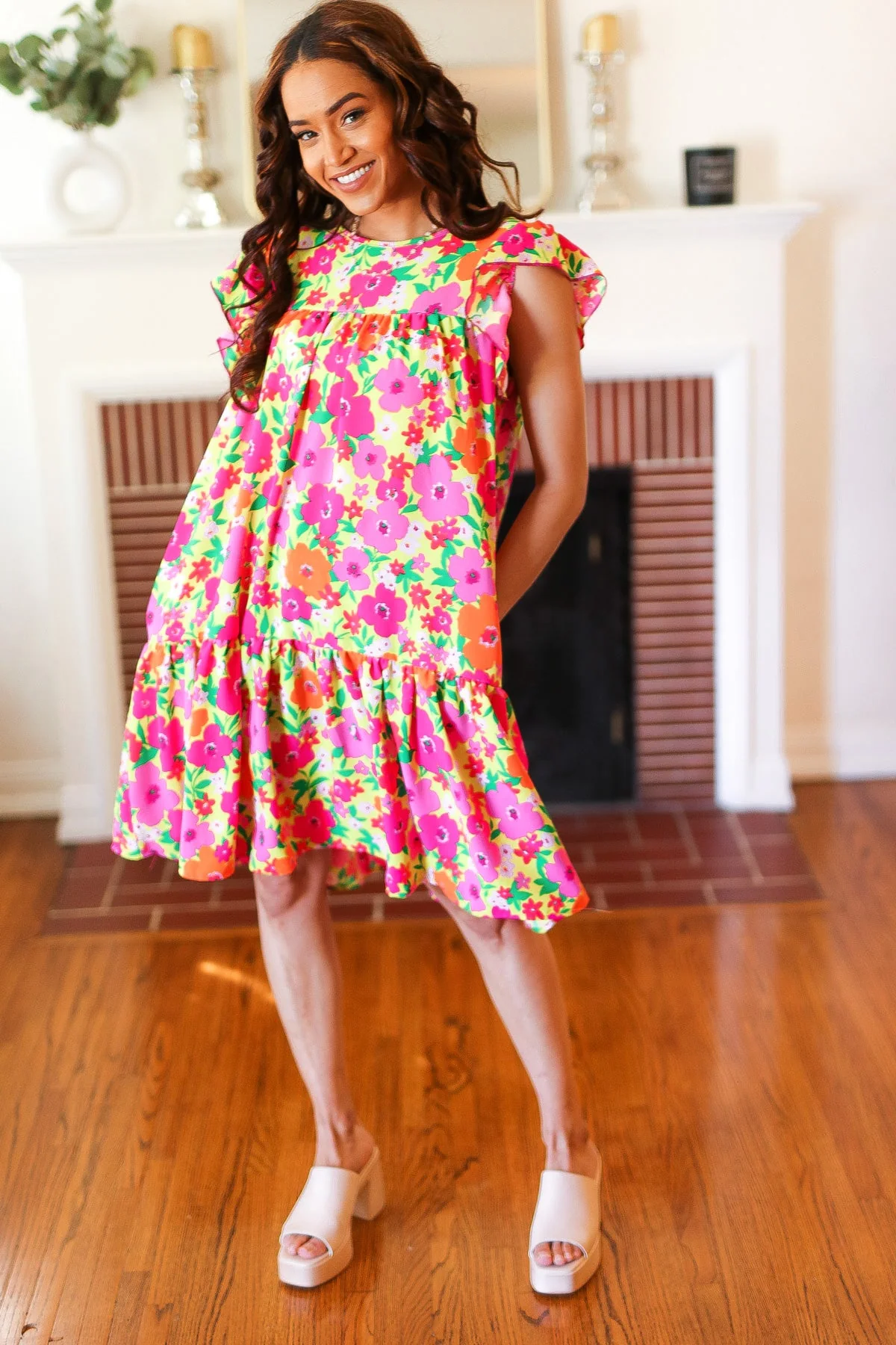 Be Charming Lime & Pink Floral Print Tiered Ruffle Sleeve Dress (Open Pack) - Image 11
