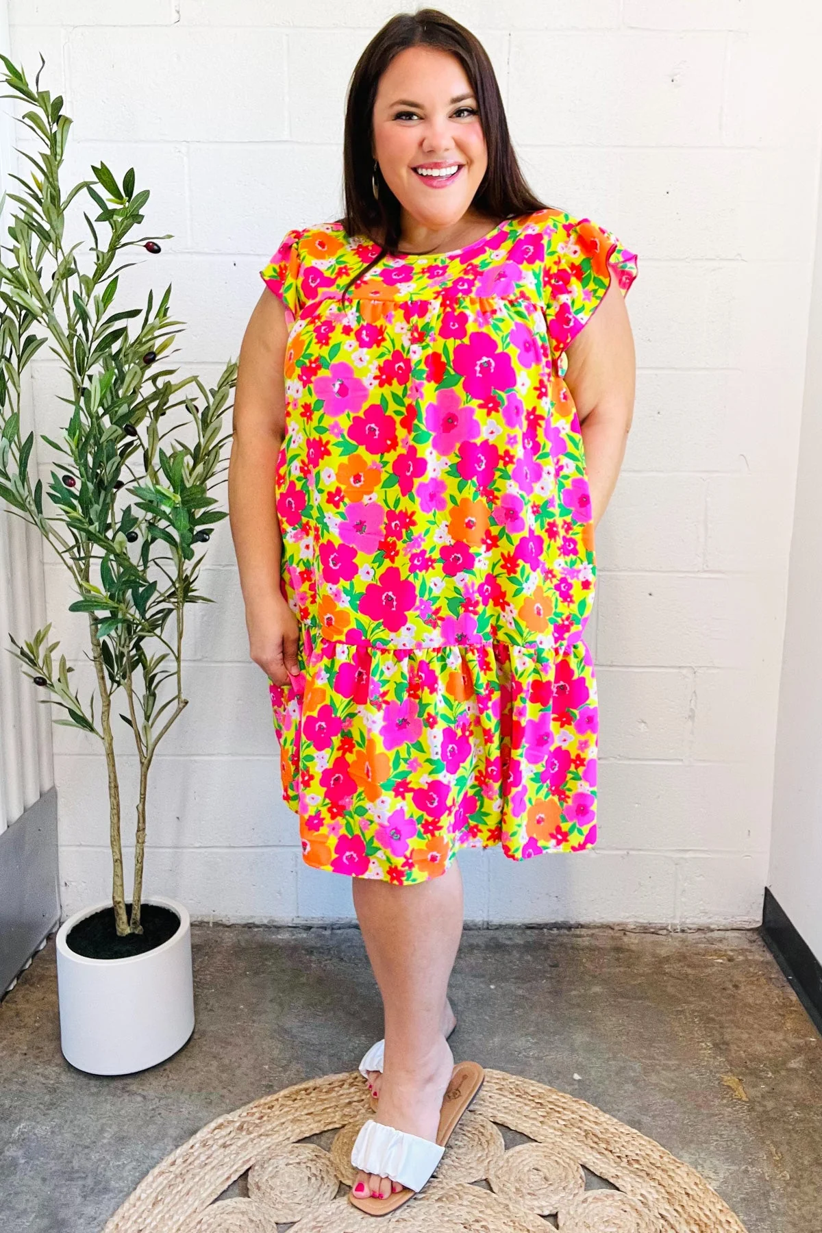 Be Charming Lime & Pink Floral Print Tiered Ruffle Sleeve Dress (Open Pack) - Image 13