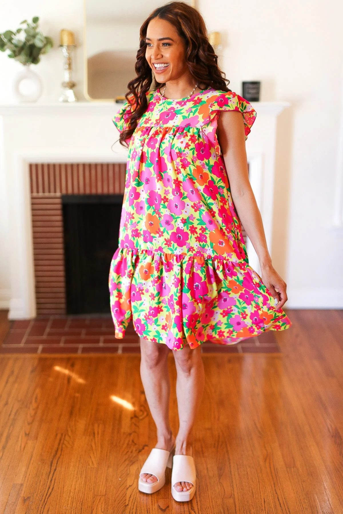 Be Charming Lime & Pink Floral Print Tiered Ruffle Sleeve Dress (Open Pack) - Image 16