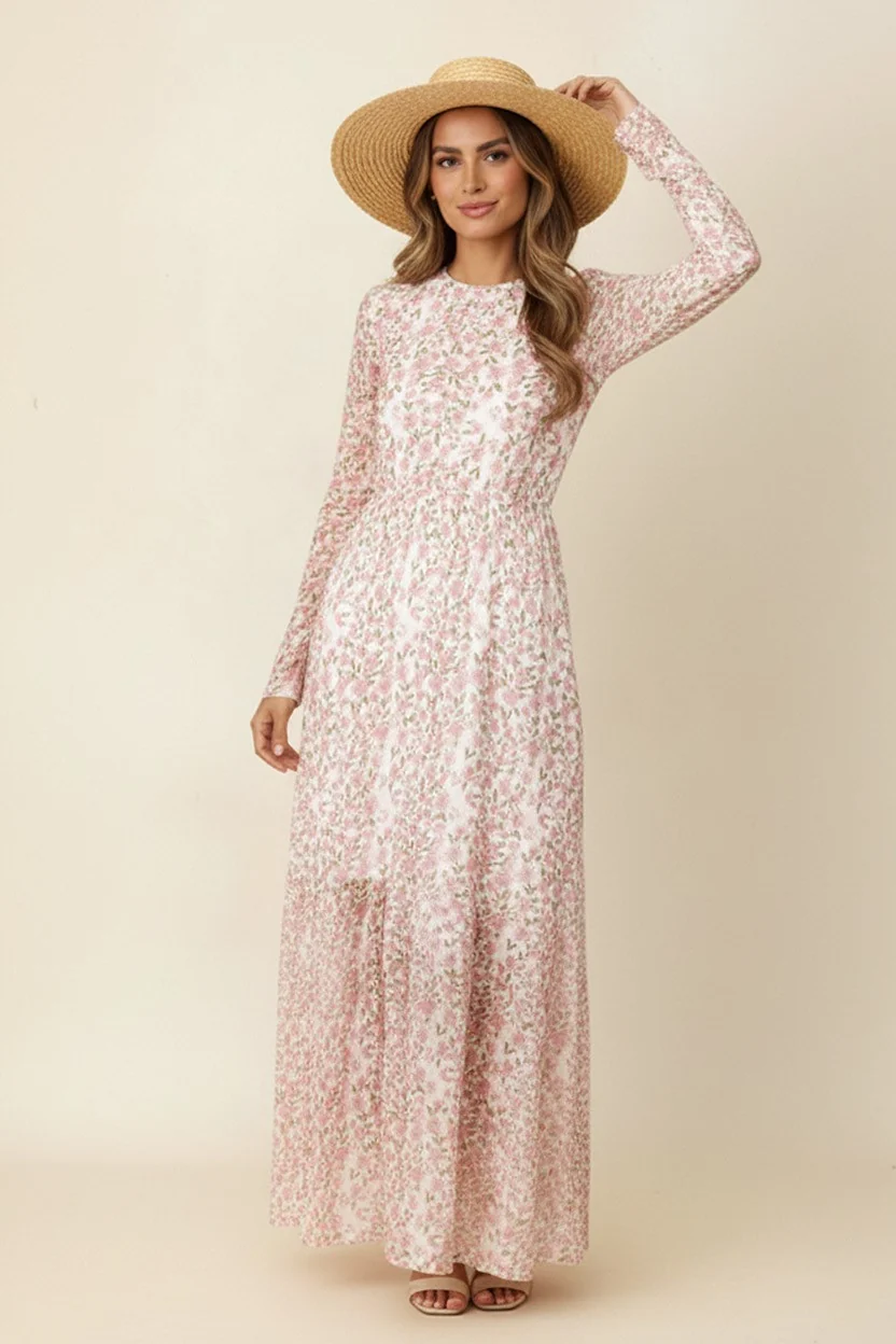 LONG SLEEVE FLORAL MESH MIDI DRESS