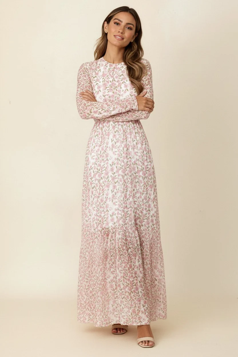 LONG SLEEVE FLORAL MESH MIDI DRESS - Image 2